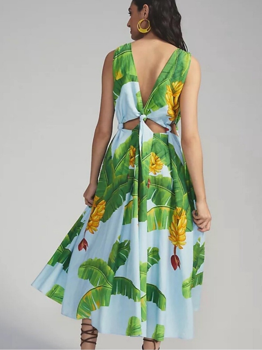 FARM Rio Blue Maxi Dress with Green Leaf and Yellow Floral Print